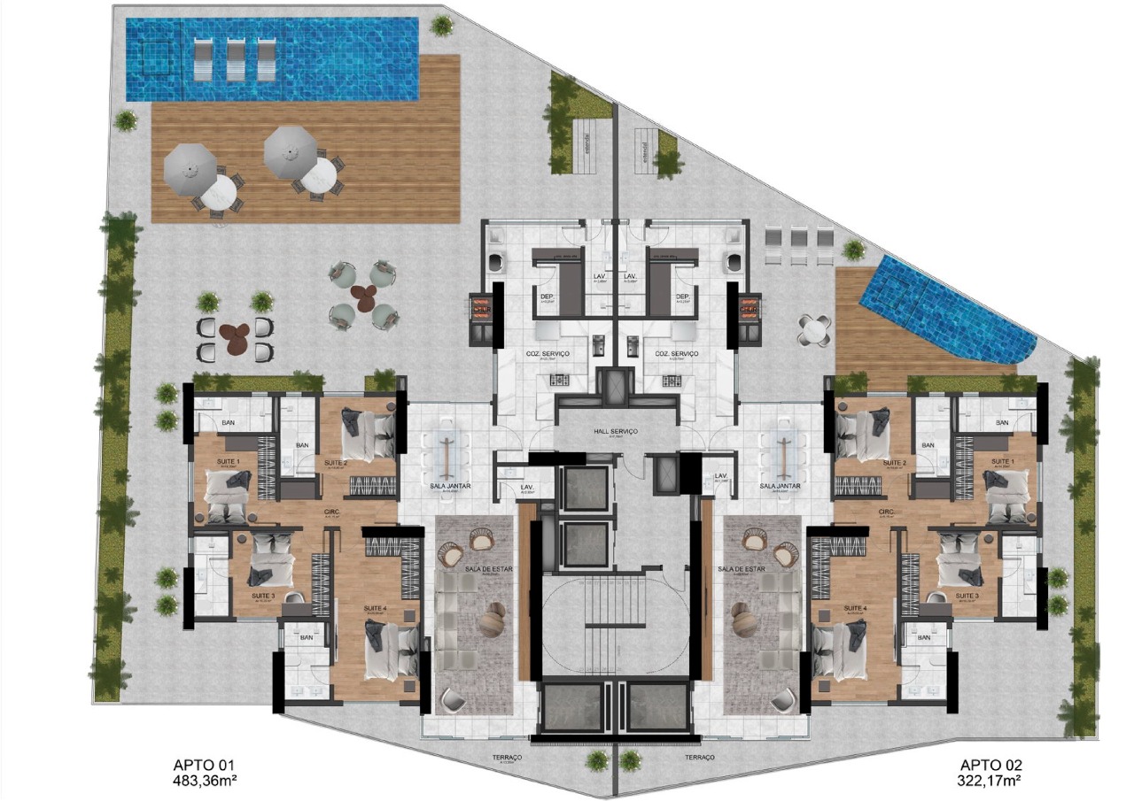 Planta dos diferenciados com piscina privativa e terraço, de 483,36 e 322,17 m²