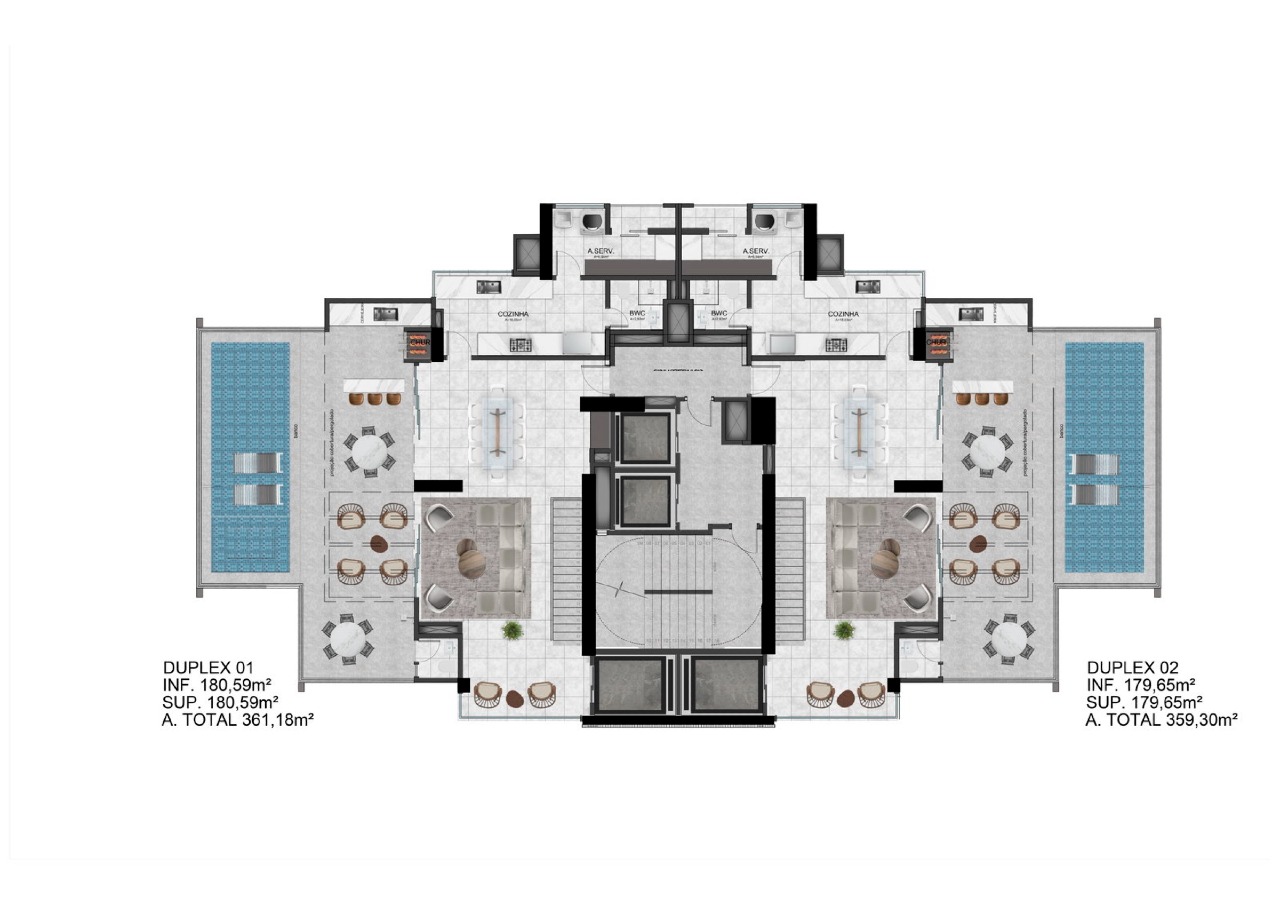Planta das coberturas duplex com piscina, de 361,18 e 359,30 m² (imagem ilustrativa)