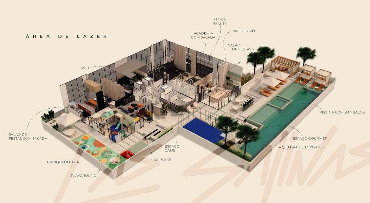Implantação do pavimento de lazer, com piscina, salões, academia e brinquedoteca