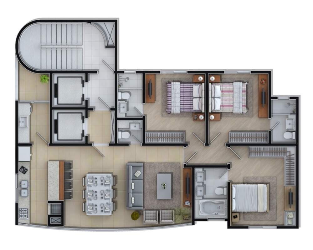 Planta do apartamento tipo do Costa Splendida, com 3 suítes (um por andar)