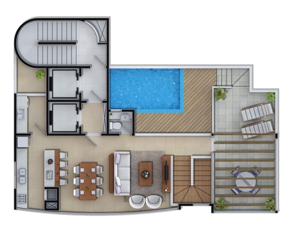 Planta da cobertura duplex: pavimento com living, cozinha, piscina privativa e deck