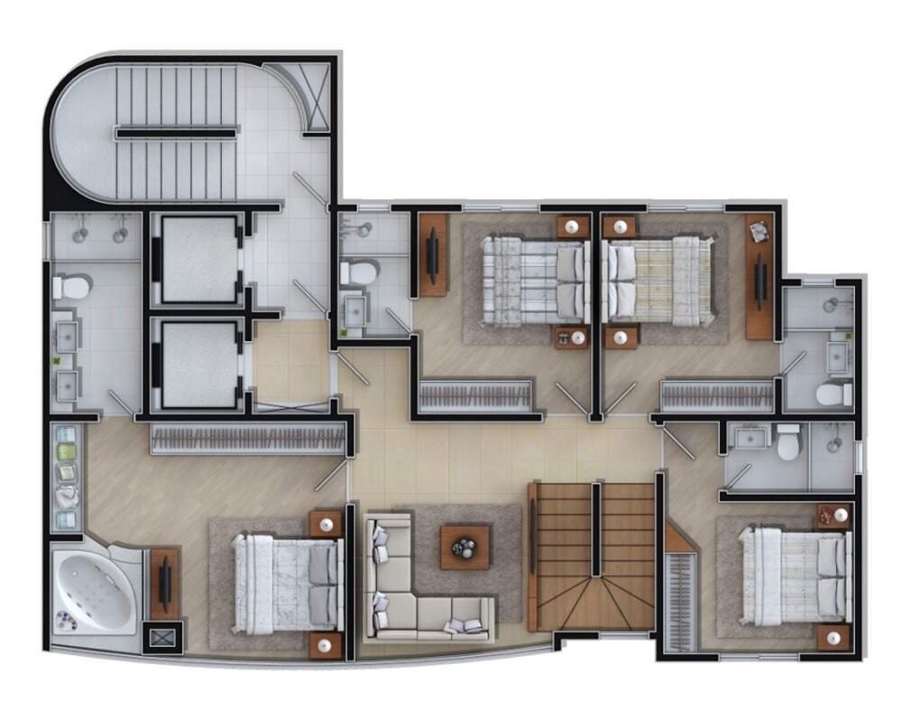 Planta da cobertura duplex: pavimento com as 4 suítes