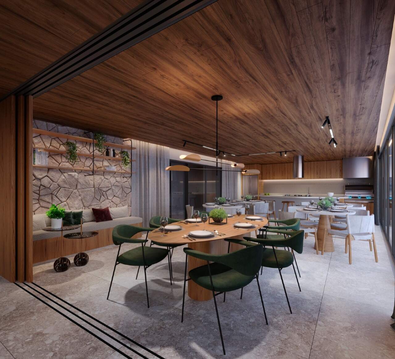 Espaço gourmet com mesa de jantar e cozinha aberta (imagem ilustrativa)