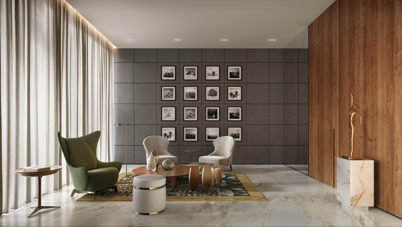 Lounge do hall, com galeria de fotos e poltronas (imagem ilustrativa)