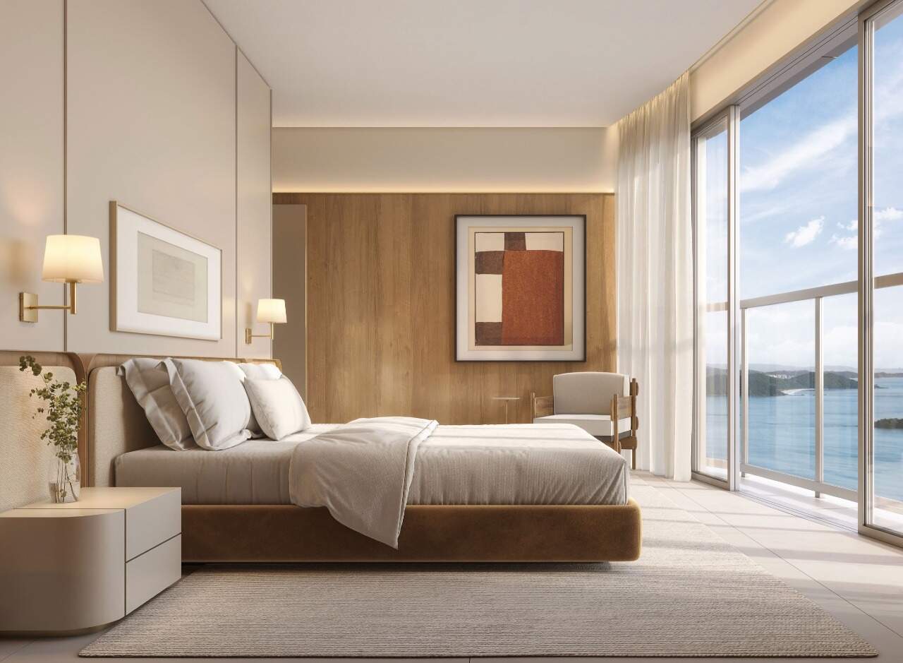 Suíte master de apartamento tipo, com vista para o mar (imagem ilustrativa)