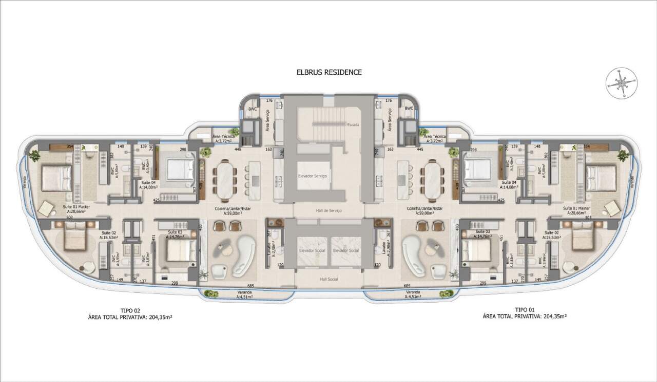 Planta dos apartamentos tipo, finais 01 e 02, com 204 m² e 4 suítes