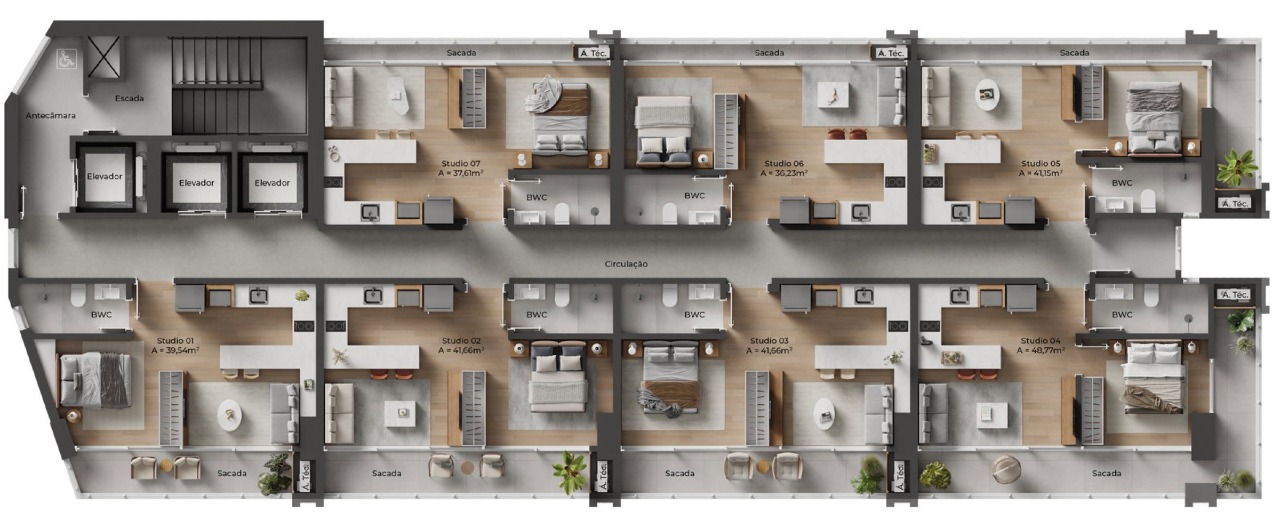 Planta do pavimento tipo 2 do NF Pulse, com sete studios de 36,23 a 48,77 m²