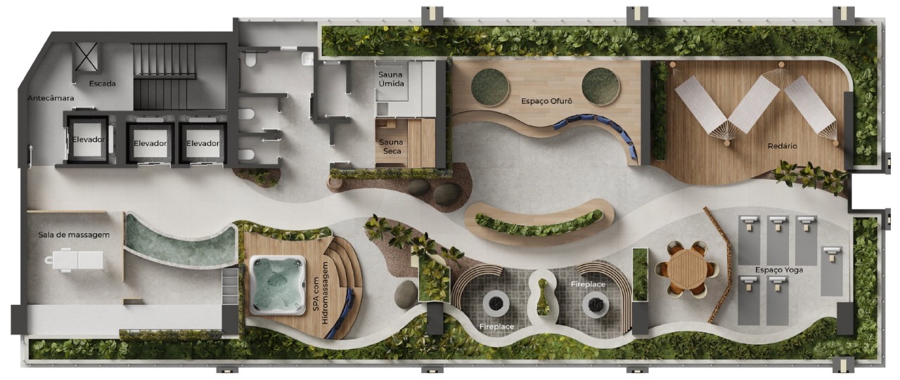 Planta do jardim suspenso: spa, saunas, ofurô, massagem, yoga, redário e fireplace