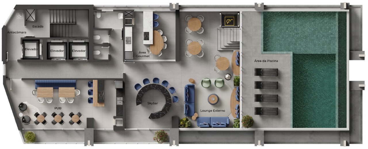 Planta do rooftop inferior: pub, espaço gourmet, skybar, lounge e piscinas