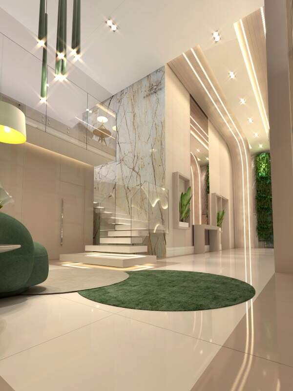 Hall com escada para o mezanino de lazer (imagem ilustrativa)