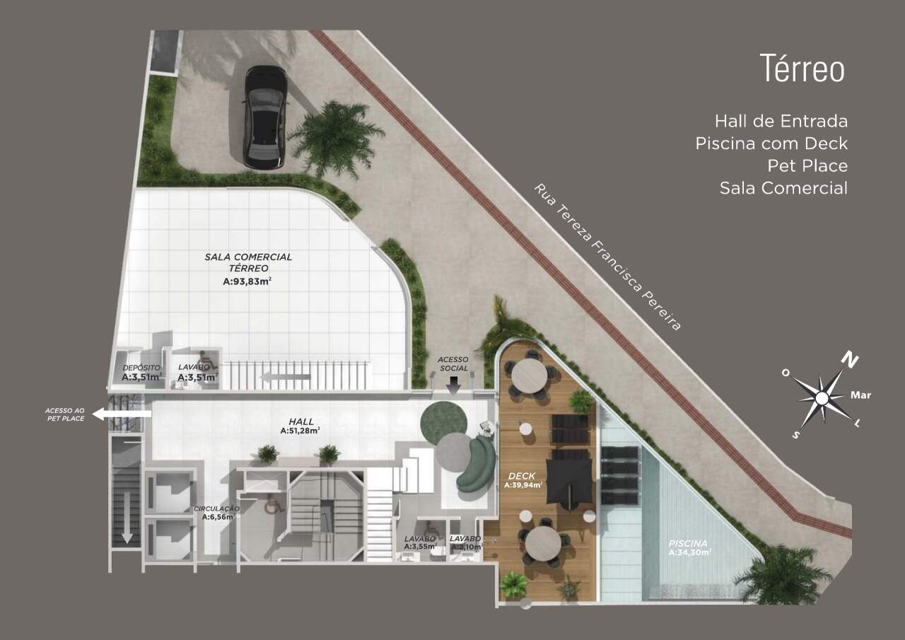 Planta do térreo: hall de entrada, piscina com deck, pet place e sala comercial