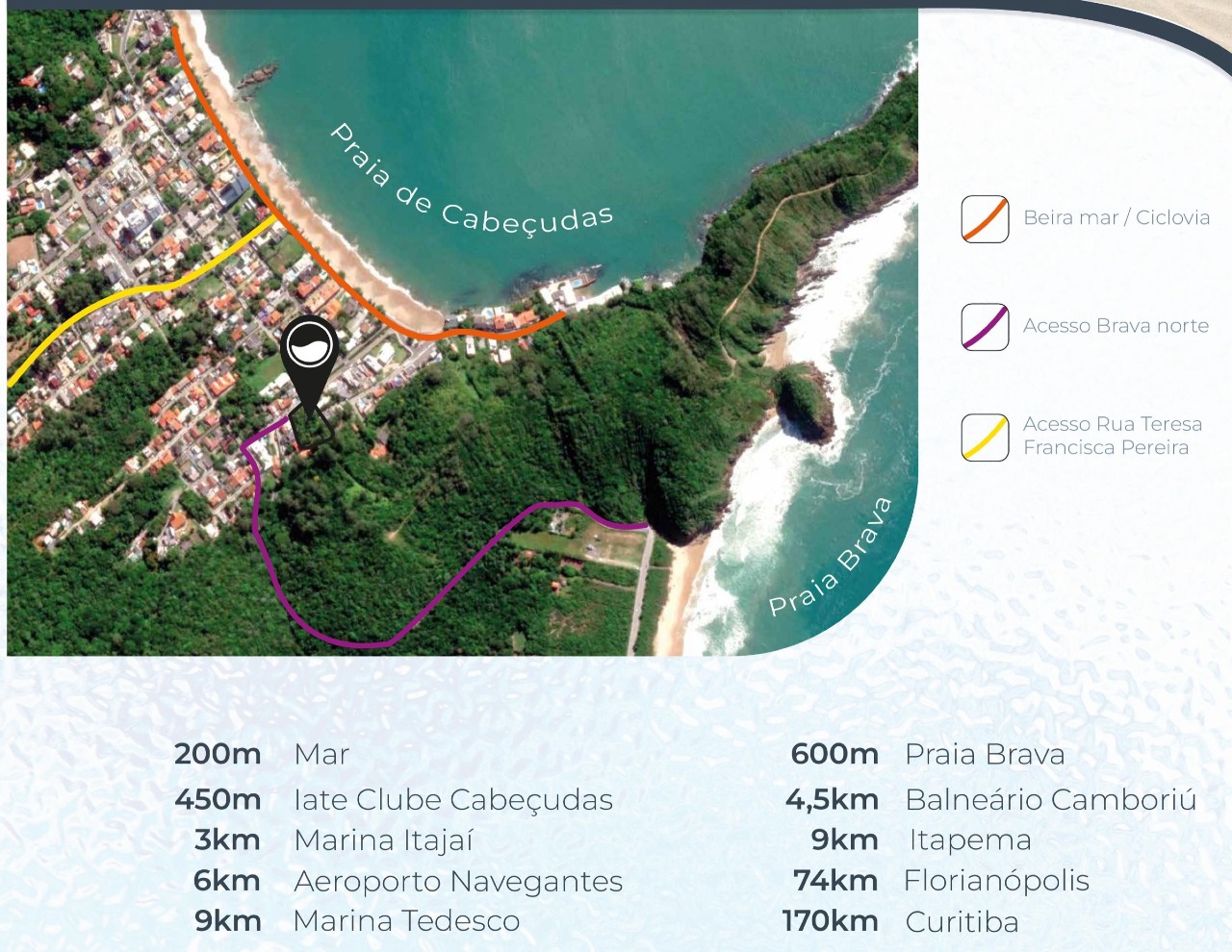 Localização entre a Praia de Cabeçudas e a Praia Brava, com as distâncias da construtora