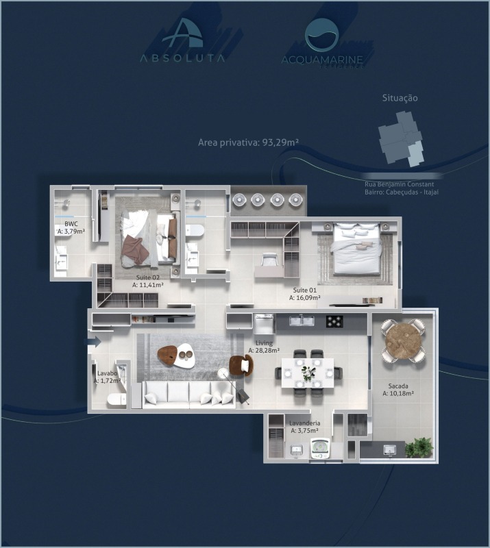 Planta do apartamento de 93,29 m² com 2 suítes e sacada com churrasqueira