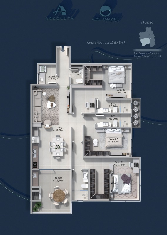 Planta do apartamento de 136,42 m² com 3 suítes