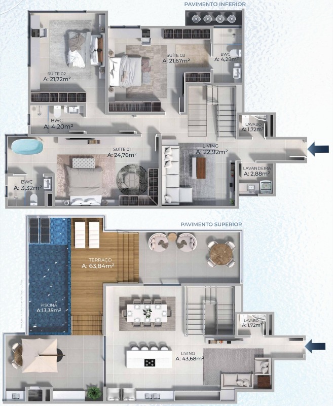Planta da cobertura duplex de 257,78 m², pavimentos inferior e superior