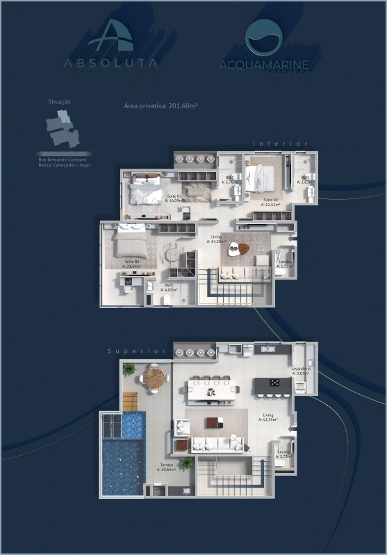 Planta da cobertura duplex de 201,60 m², pavimentos inferior e superior