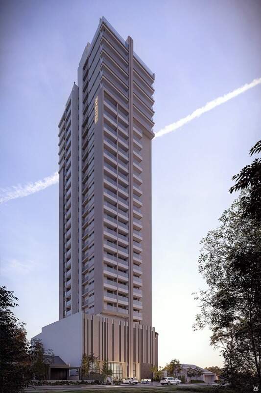 Torre de 30 pavimentos do A. Ducati Residence ao entardecer (imagem ilustrativa)