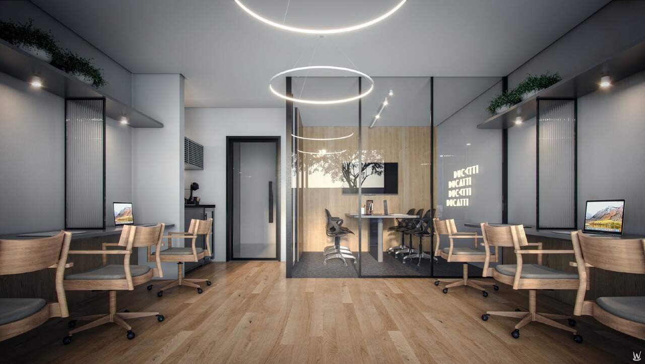 Coworking com estações de trabalho e sala de reunião (imagem ilustrativa)