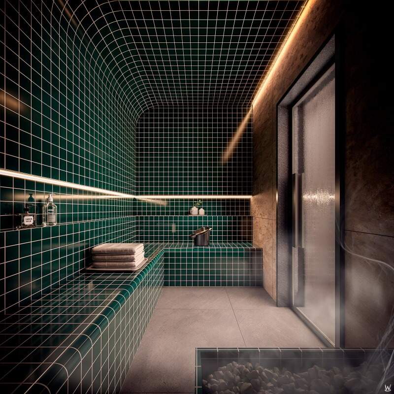 Sauna revestida de pastilhas verdes (imagem ilustrativa)