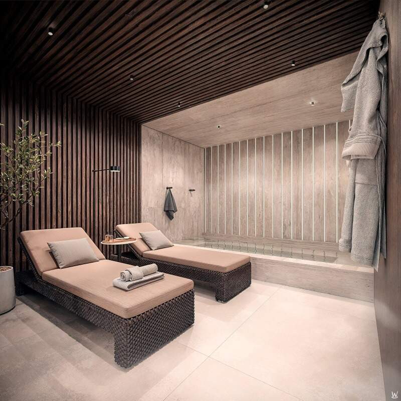 Spa com espreguiçadeiras e forro de madeira (imagem ilustrativa)