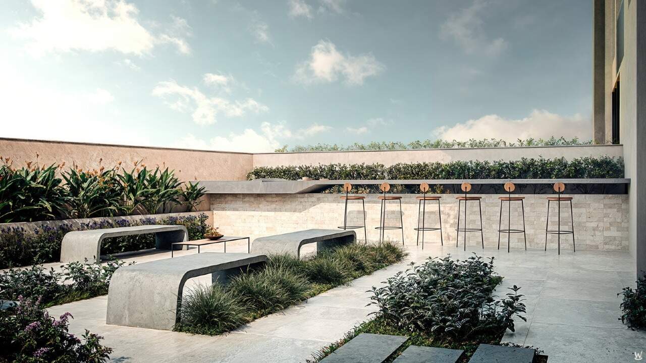 Área externa com bancos, jardim e balcão com banquetas (imagem ilustrativa)