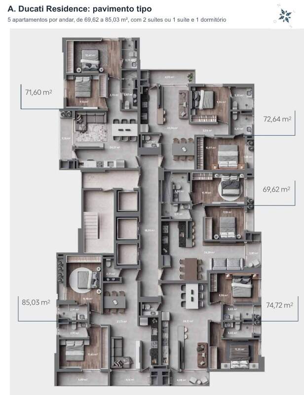 Planta do pavimento tipo, com cinco apartamentos por andar (imagem ilustrativa)