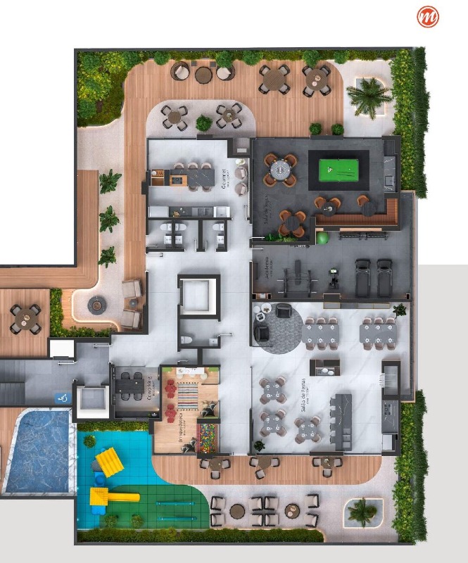 Implantação do lazer de 900 m² no 6º pavimento, com piscinas e salões