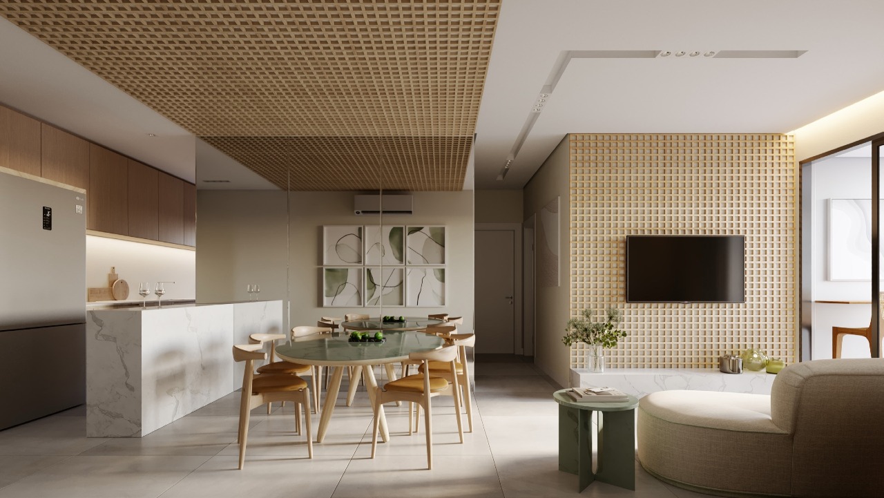 Living, jantar e cozinha de apartamento de 3 dormitórios (imagem ilustrativa)