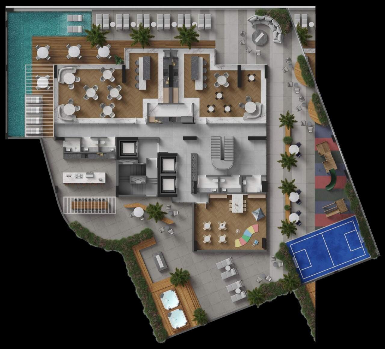 Planta do pavimento de lazer: piscina, spa, espaço grill, playground e mini quadra