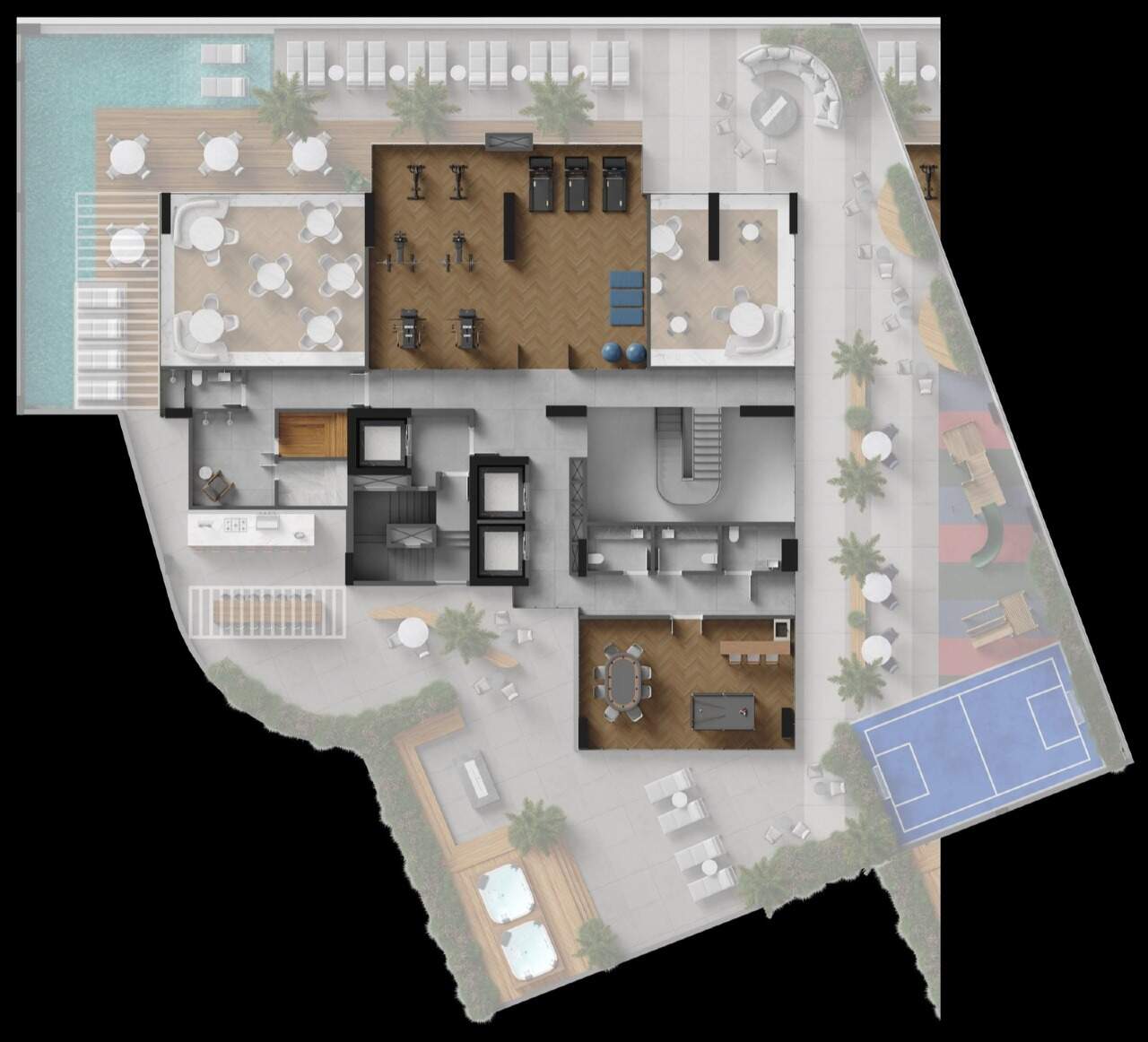Planta do mezanino do lazer: academia, spa, saunas e sala de jogos