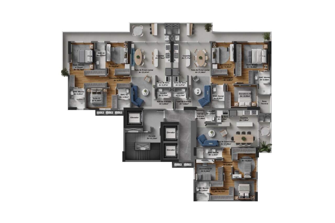 Planta do pavimento tipo, com os três apartamentos por andar