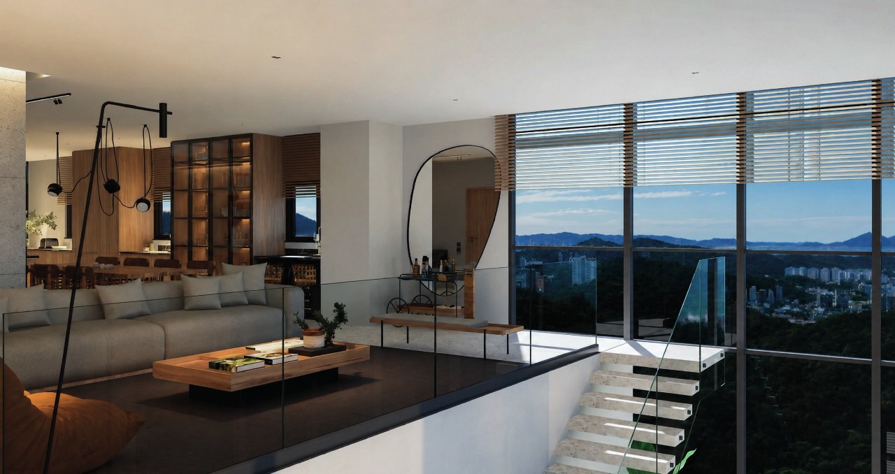 Living da cobertura duplex com mezanino e vista da cidade (imagem ilustrativa)