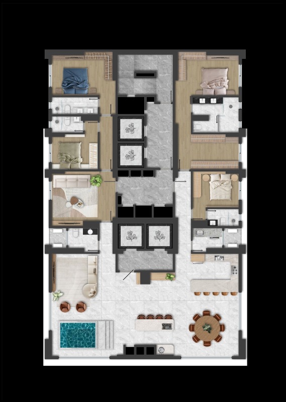 Planta da Mansão Suspensa: 264 m², 4 suítes, sala íntima e living com piscina