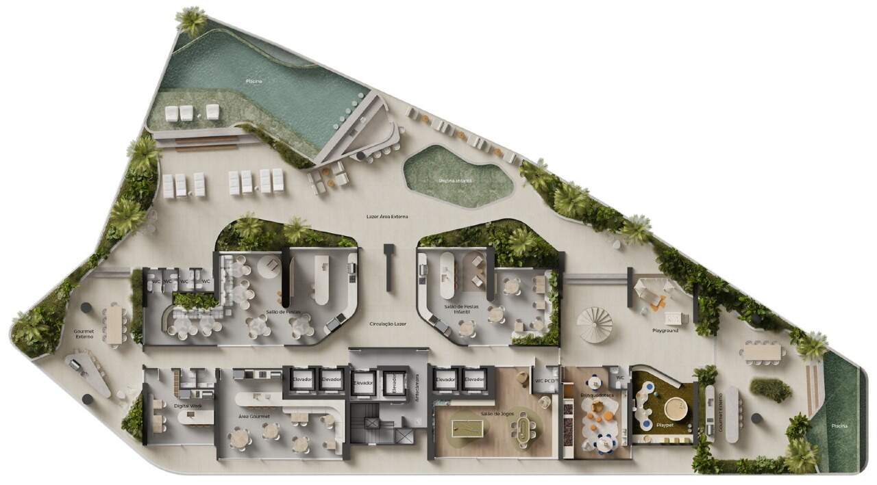 Planta do pavimento resort: piscinas, gourmet, salões, brinquedoteca e espaço pet