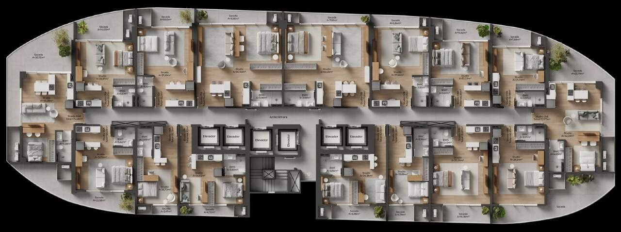 Planta humanizada do pavimento tipo 1, com 16 studios de pé-direito simples