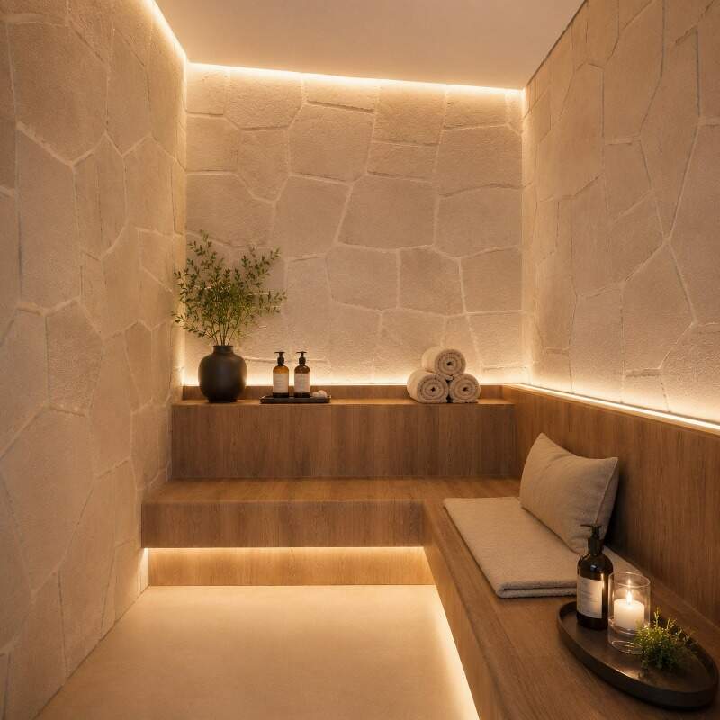 Espaço de descanso do spa, com banco e parede de pedra (imagem ilustrativa)