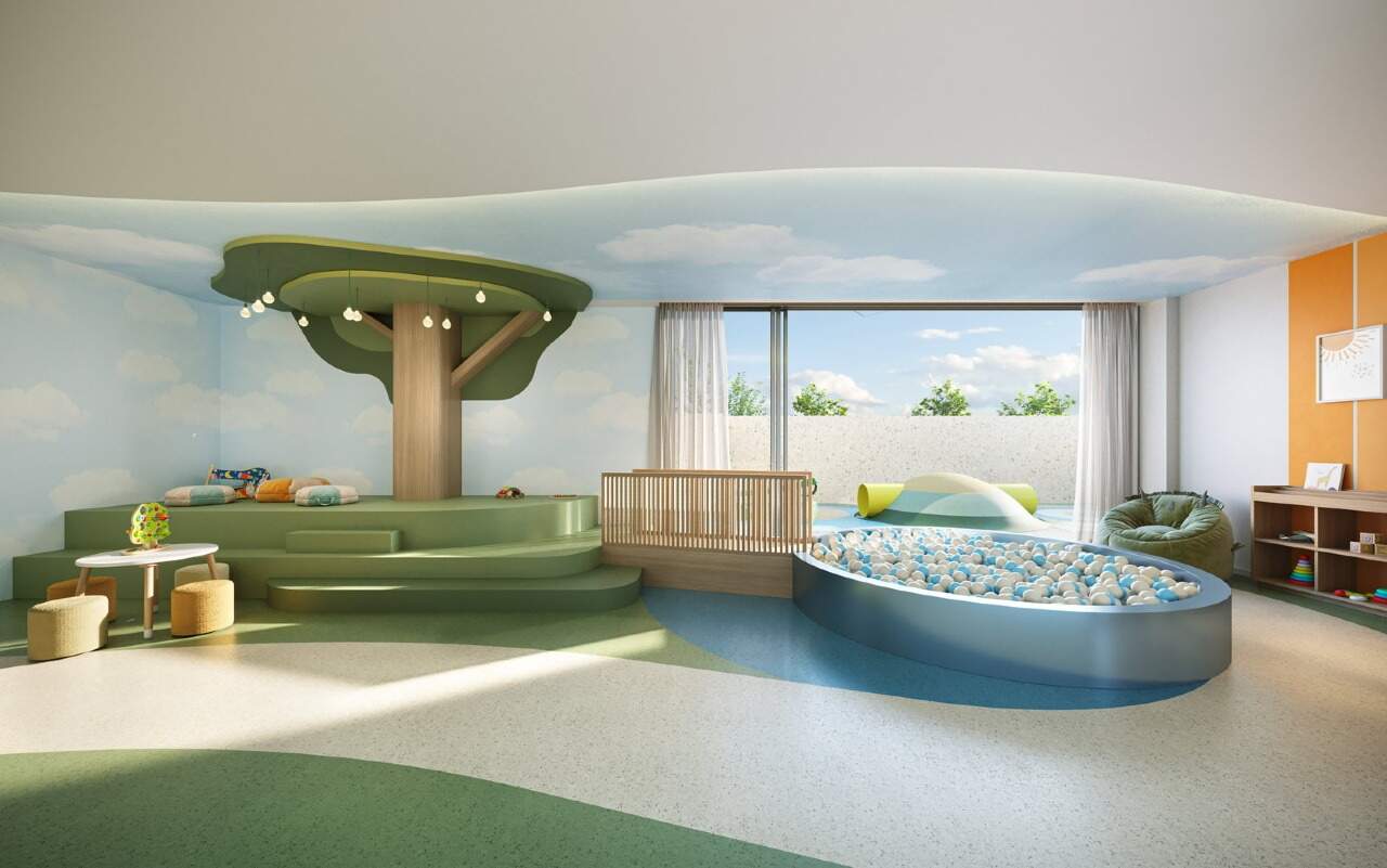 Brinquedoteca com piscina de bolinhas e árvore cenográfica (imagem ilustrativa)