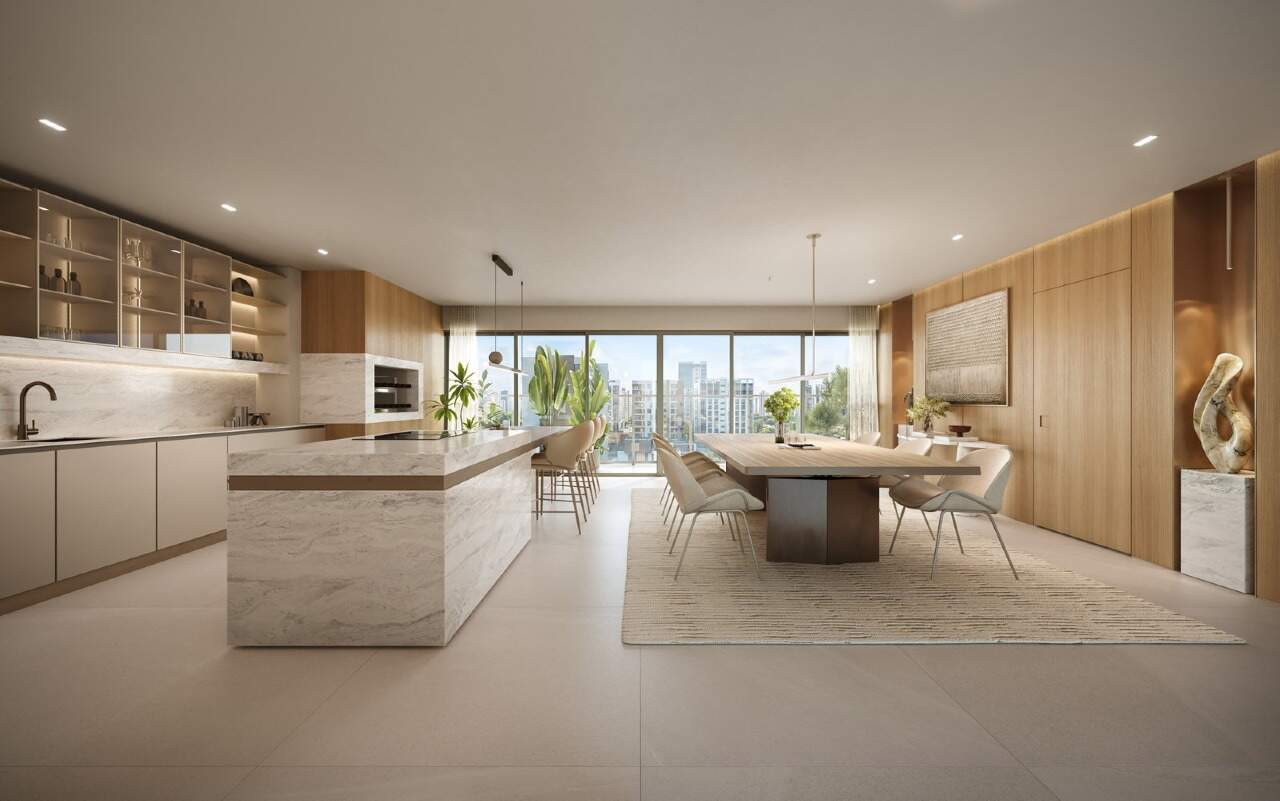 Cozinha com ilha e mesa de jantar de apartamento diferenciado (imagem ilustrativa)