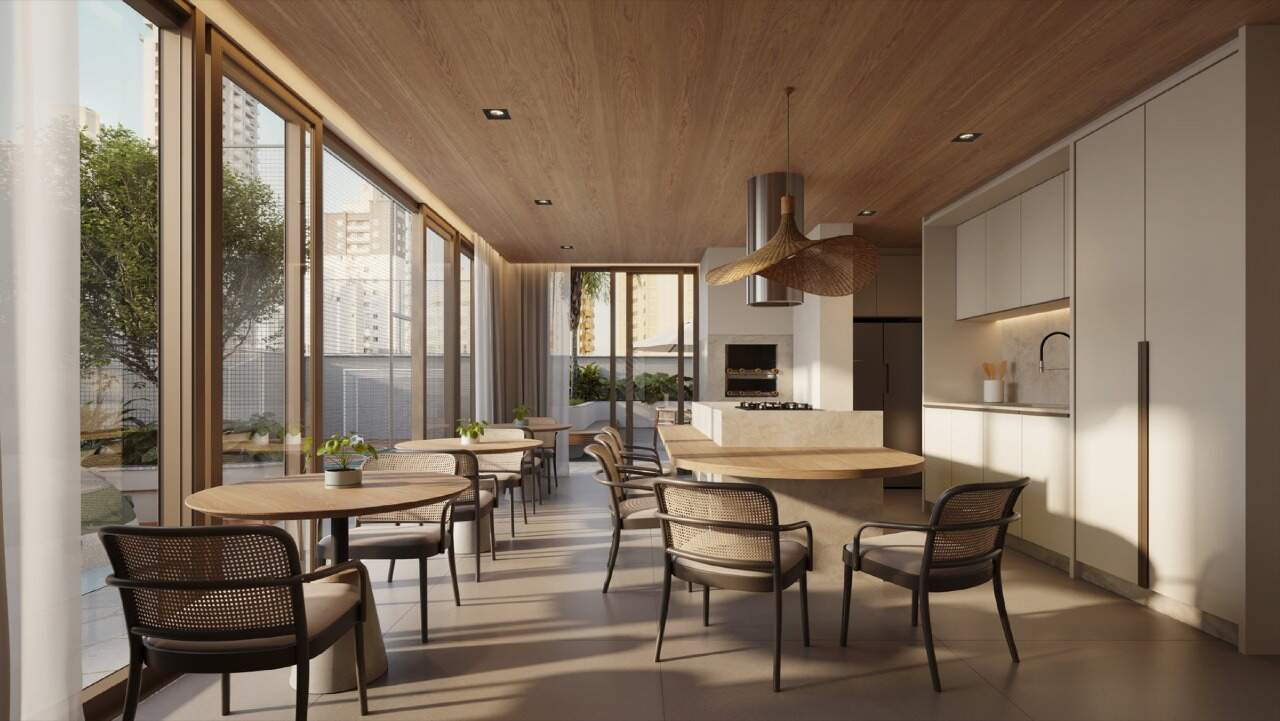 Espaço gourmet com mesas, cozinha e janelas amplas (imagem ilustrativa)
