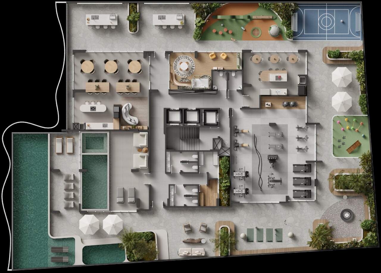 Planta humanizada do lazer: piscinas, academia, brinquedoteca, mini quadra e pet place