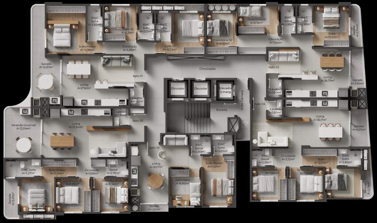Planta do pavimento tipo do NF Harmonic, com os cinco apartamentos de cada andar