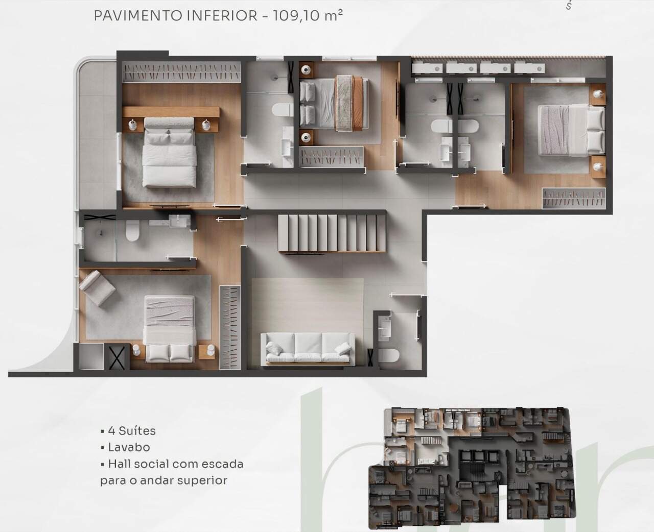 Cobertura duplex de 218 m², piso inferior: 4 suítes, lavabo e hall com escada