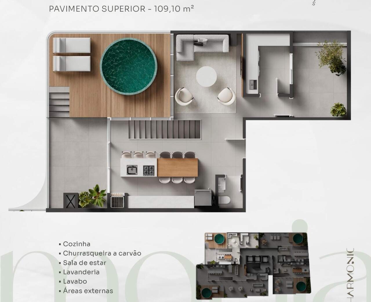 Cobertura duplex de 218 m², piso superior: estar, cozinha e deck com piscina redonda