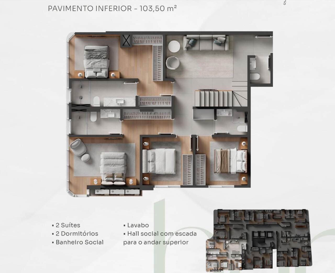 Cobertura duplex de 268 m², piso inferior: 2 suítes, 2 dormitórios e lavabo