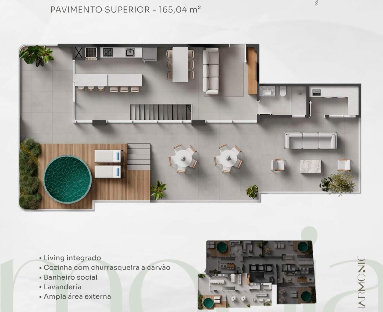 Cobertura duplex de 268 m², piso superior de 165 m²: living, cozinha e terraço