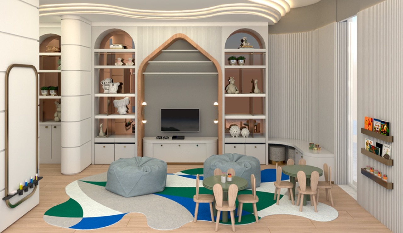 Kids club com estantes e tapete colorido (imagem ilustrativa)