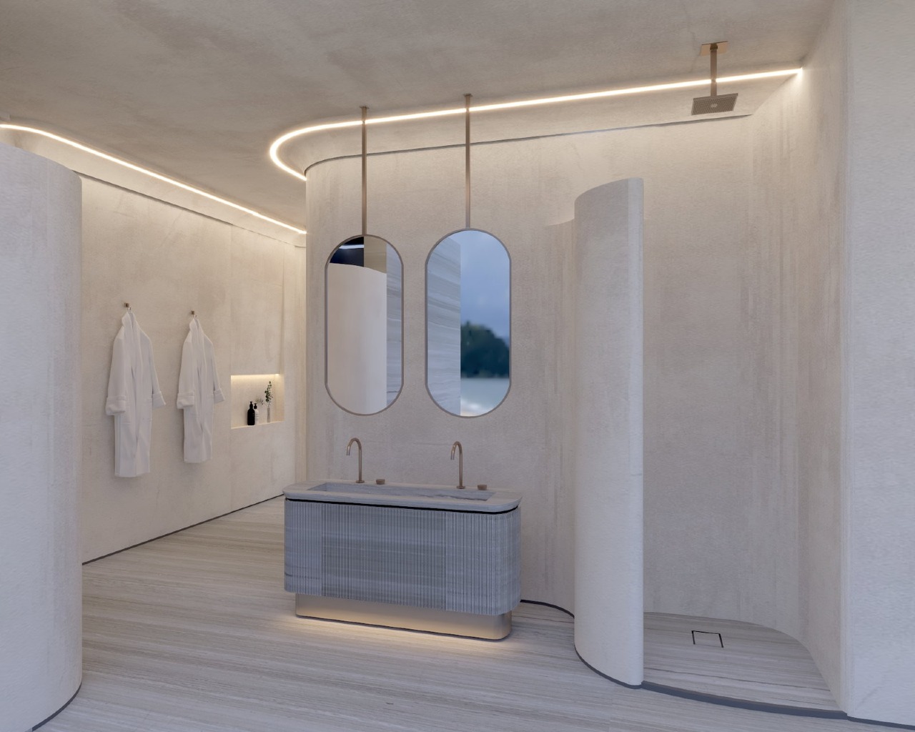 Espaço da sauna com bancada e espelhos (imagem ilustrativa)