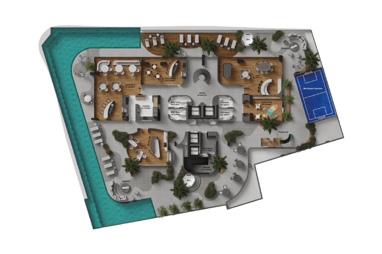 Planta do pavimento de lazer: piscina com raia, spas, fireplaces e mini quadra