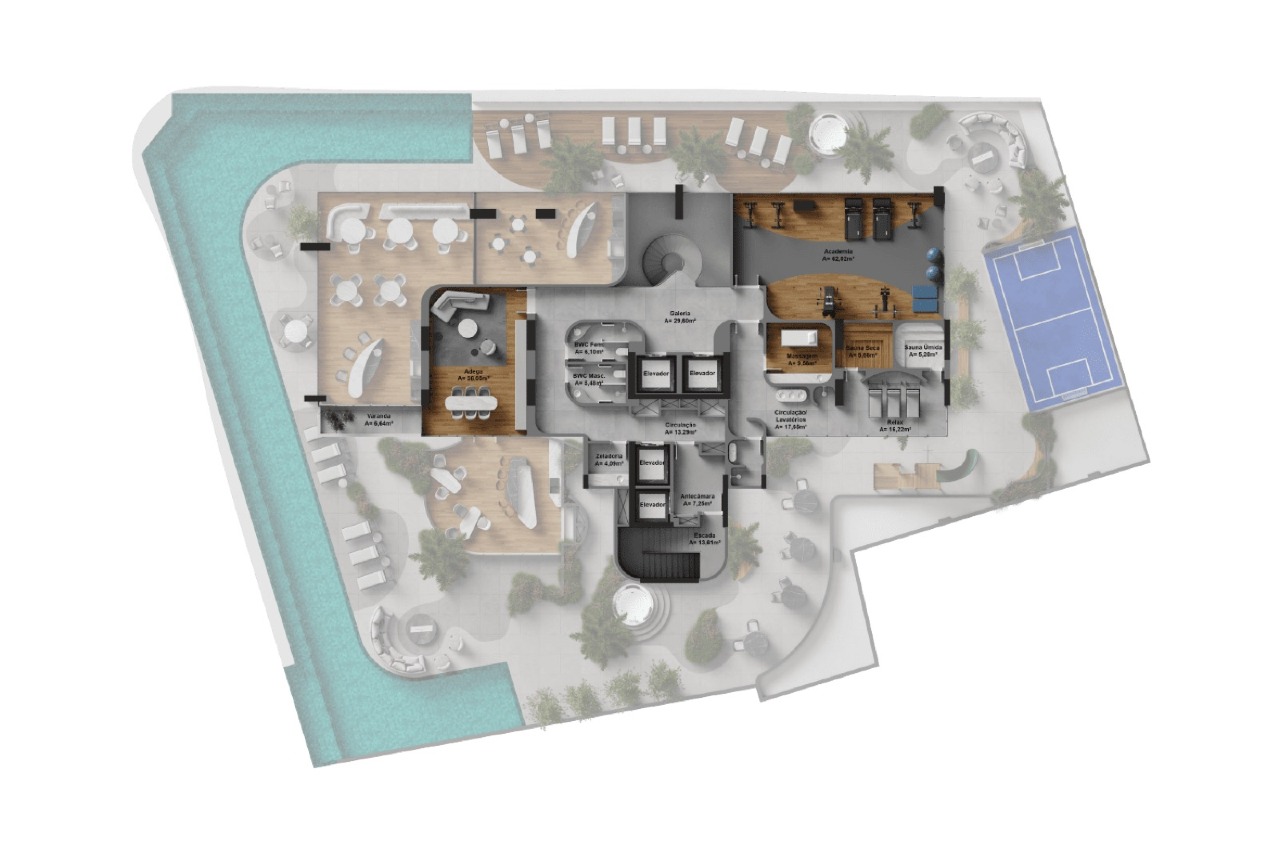 Planta do mezanino do lazer: academia, saunas e beauty space
