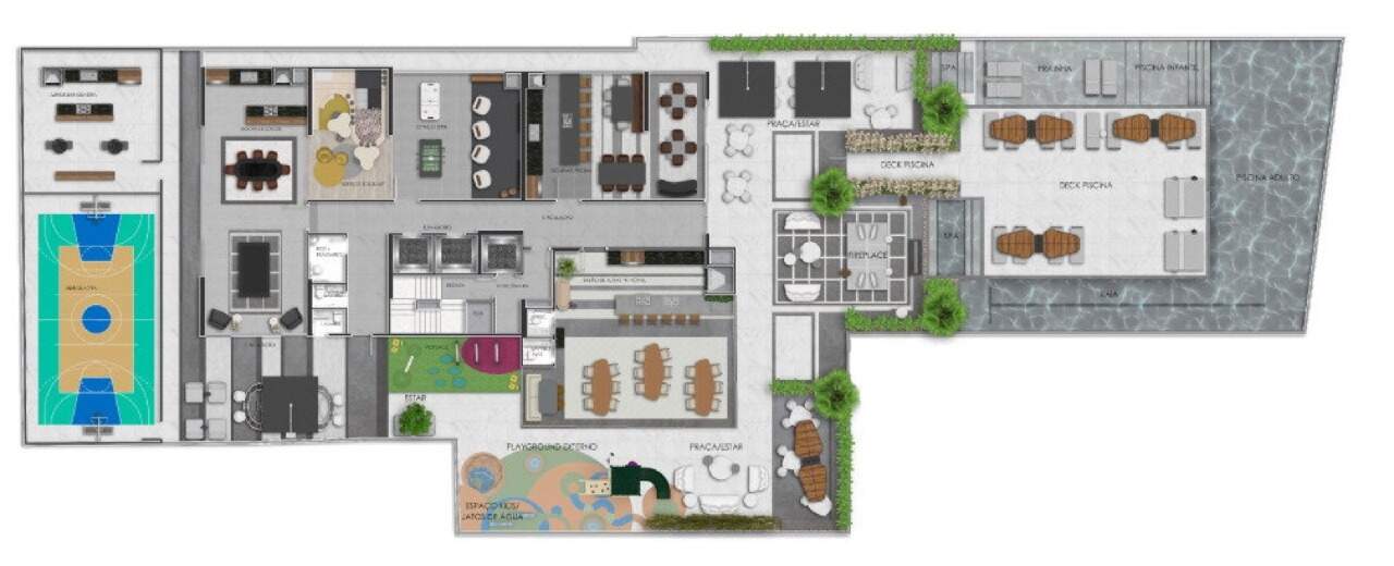 Planta do primeiro pavimento de lazer, com piscinas, quadra e salões